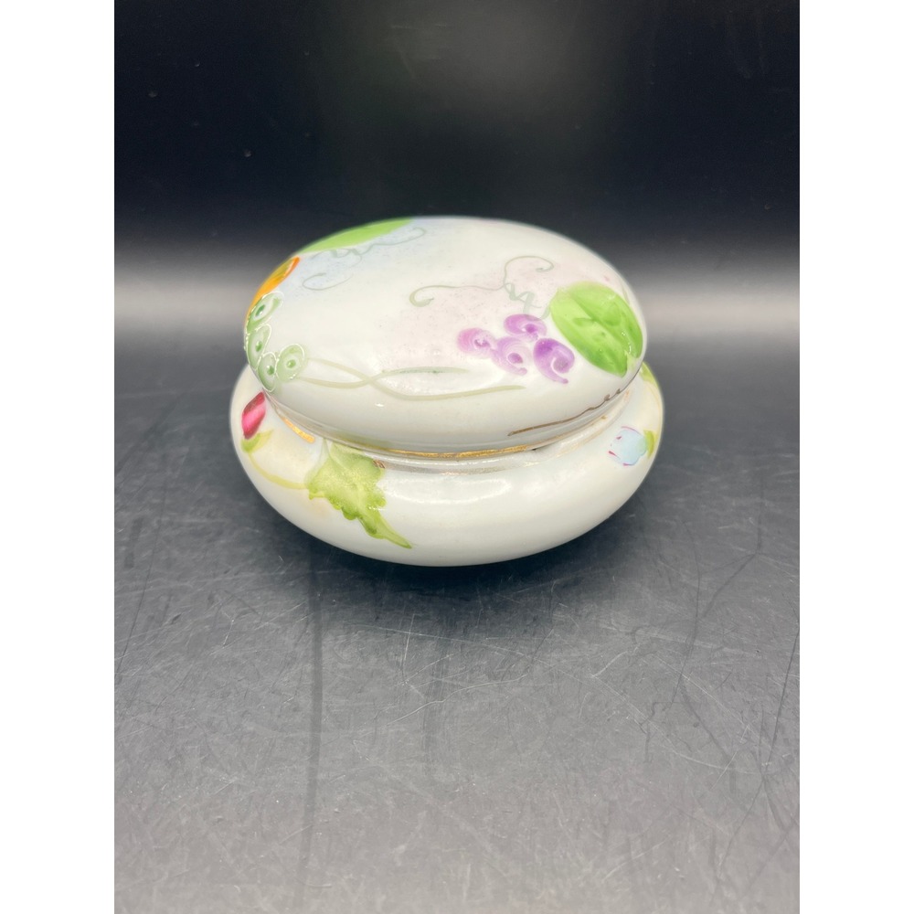 Vtg Porcelain Trinket Box Round Hand Painted Floral Grape Vine Lid 4" Decorative